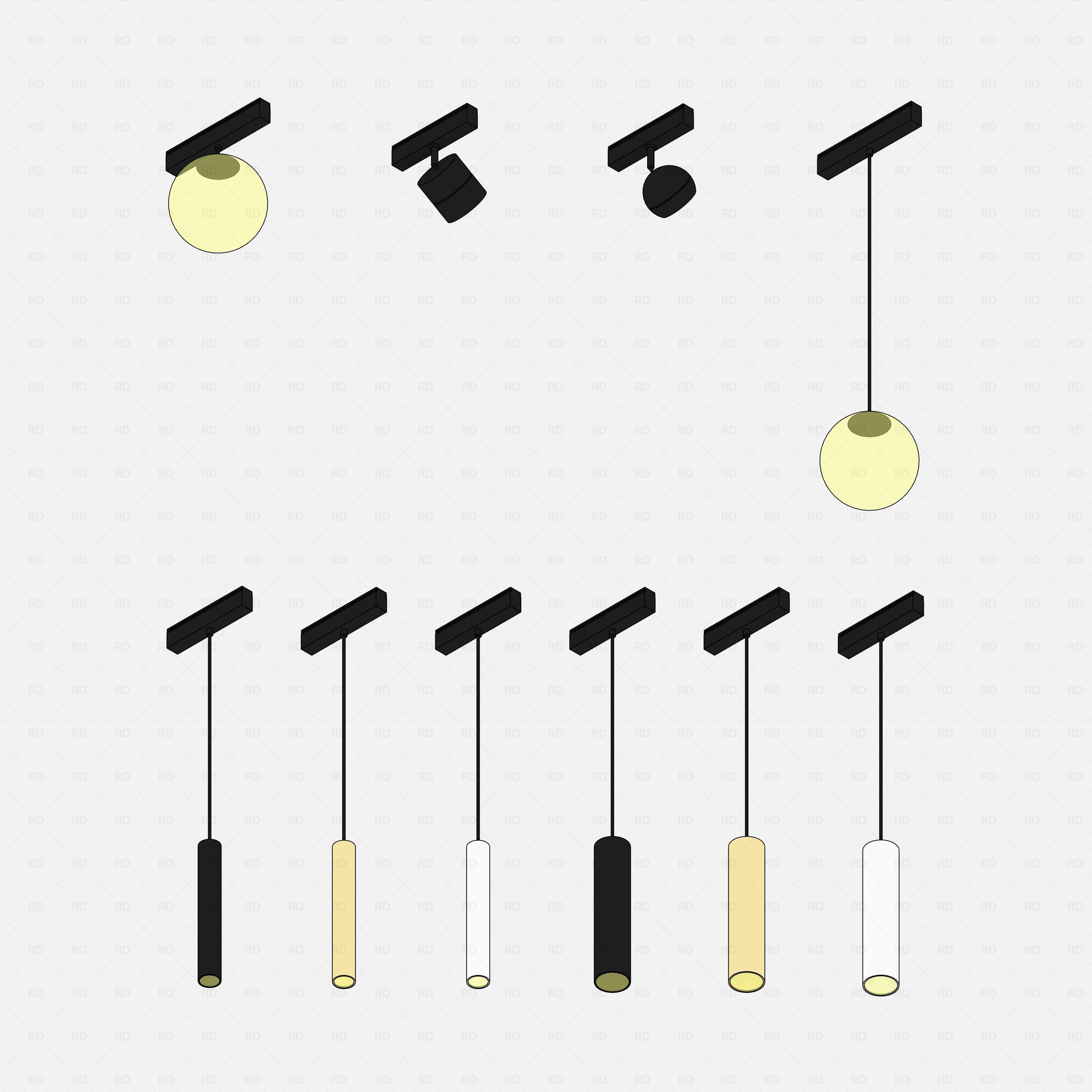 Revit Track Lights System - Starter Pack, full collection of pendant, linear and spot fixtures on modular ceiling tracks