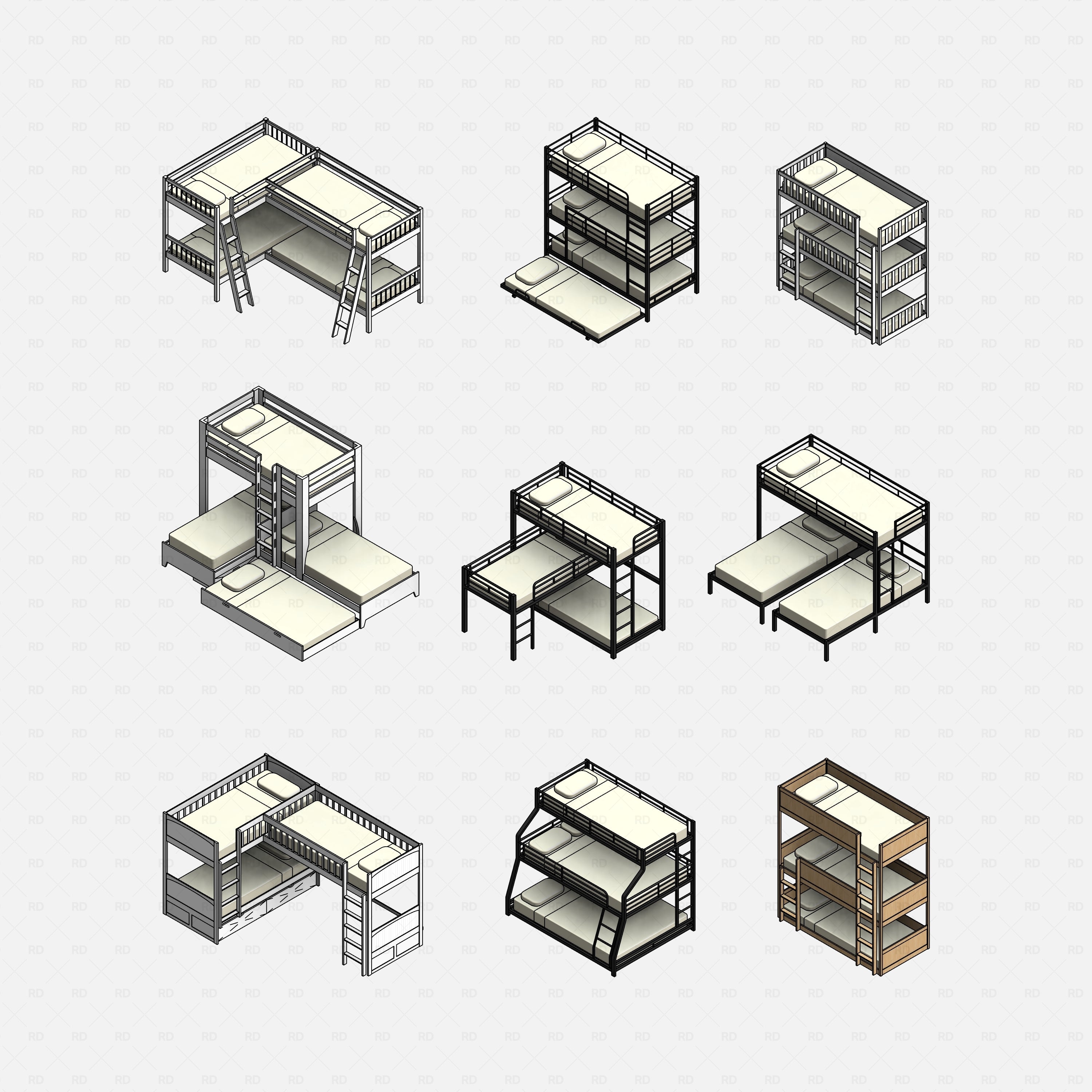 Revit triple bunk bed 01 RD Studio BIM blocks rfa, nine isometric variants grid render.