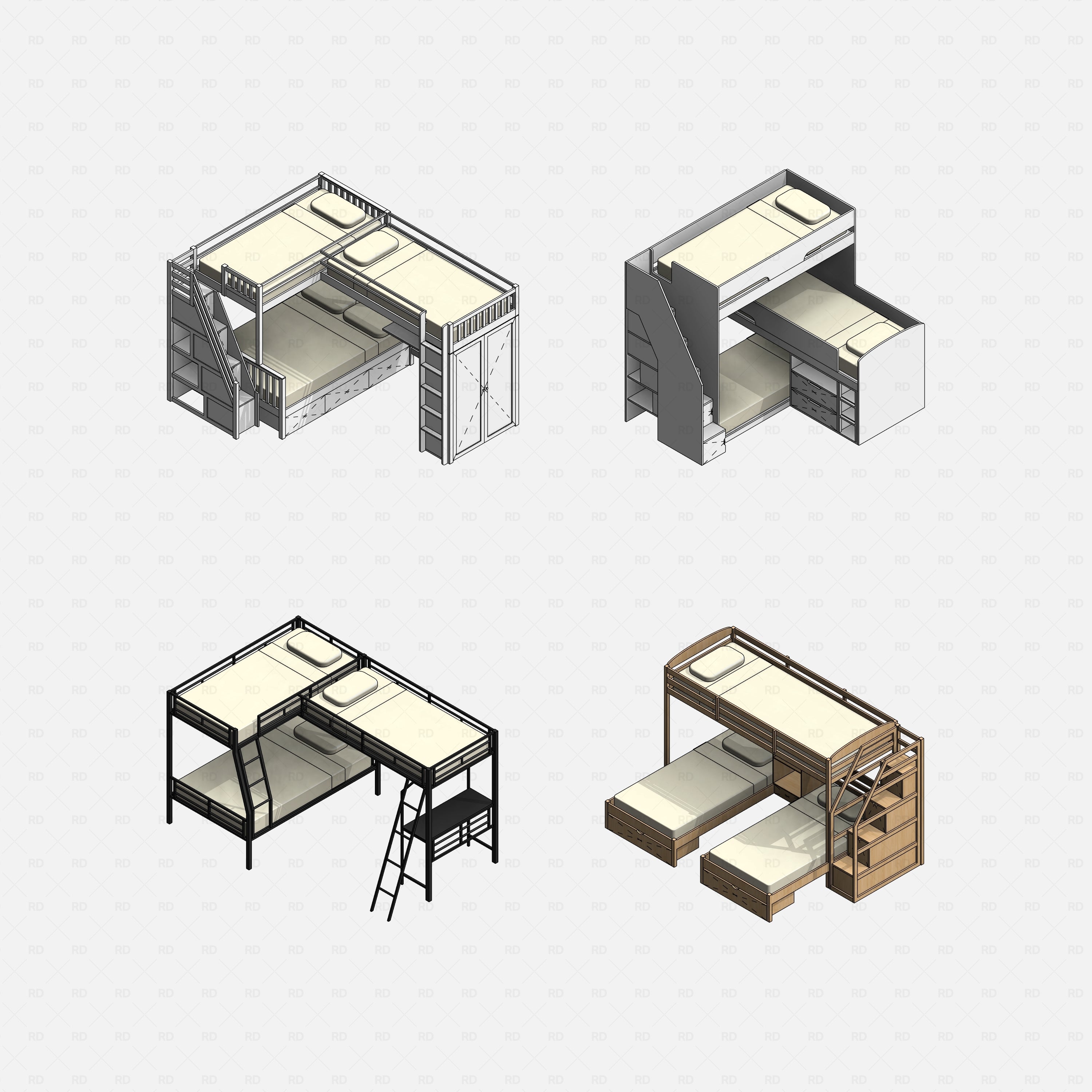 Revit triple bunk bed 02 RD Studio BIM blocks rfa, isometric grid of four detailed triple bunk models.
