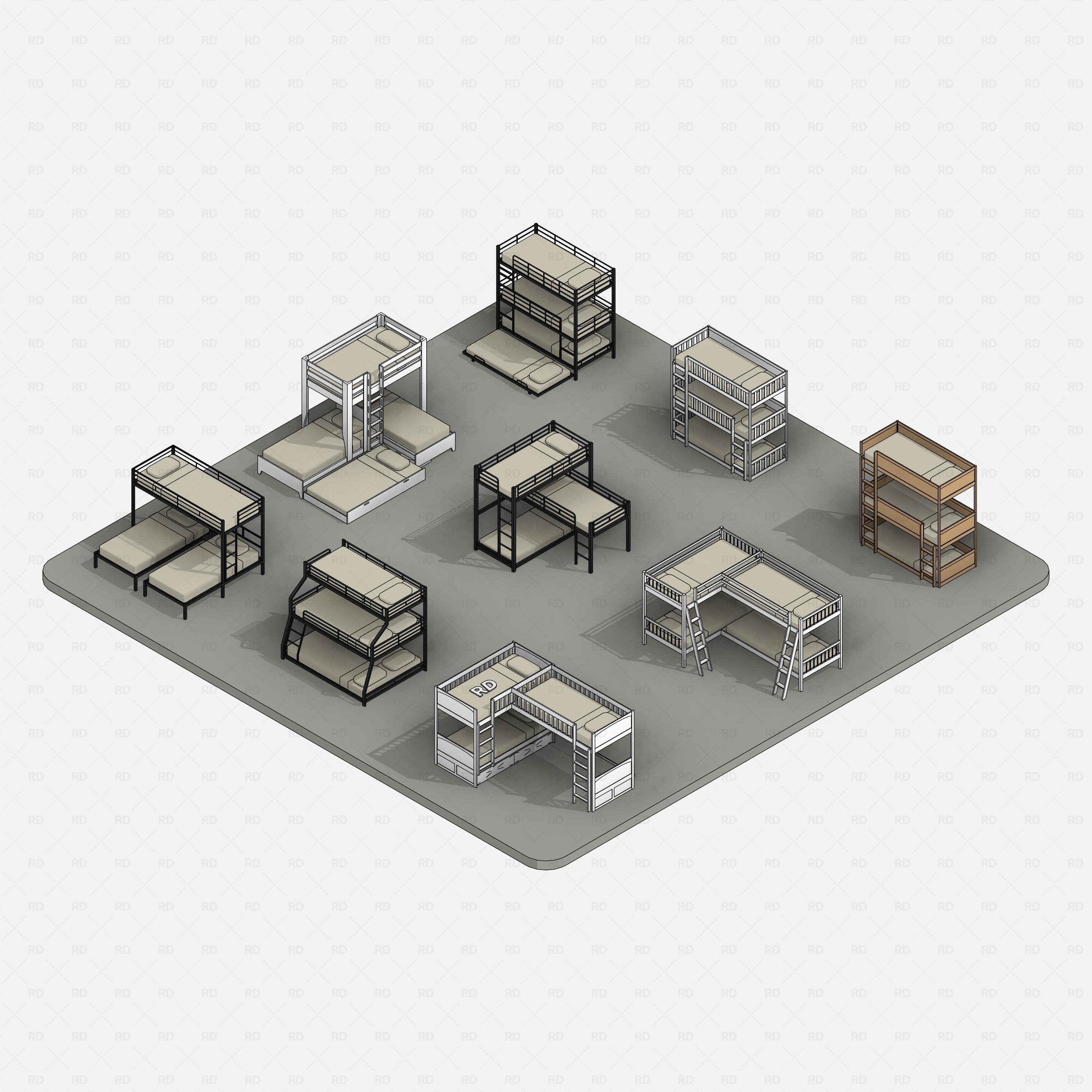 Revit triple bunk bed 01 RD Studio BIM blocks rfa, collection overview in color on dark platform.