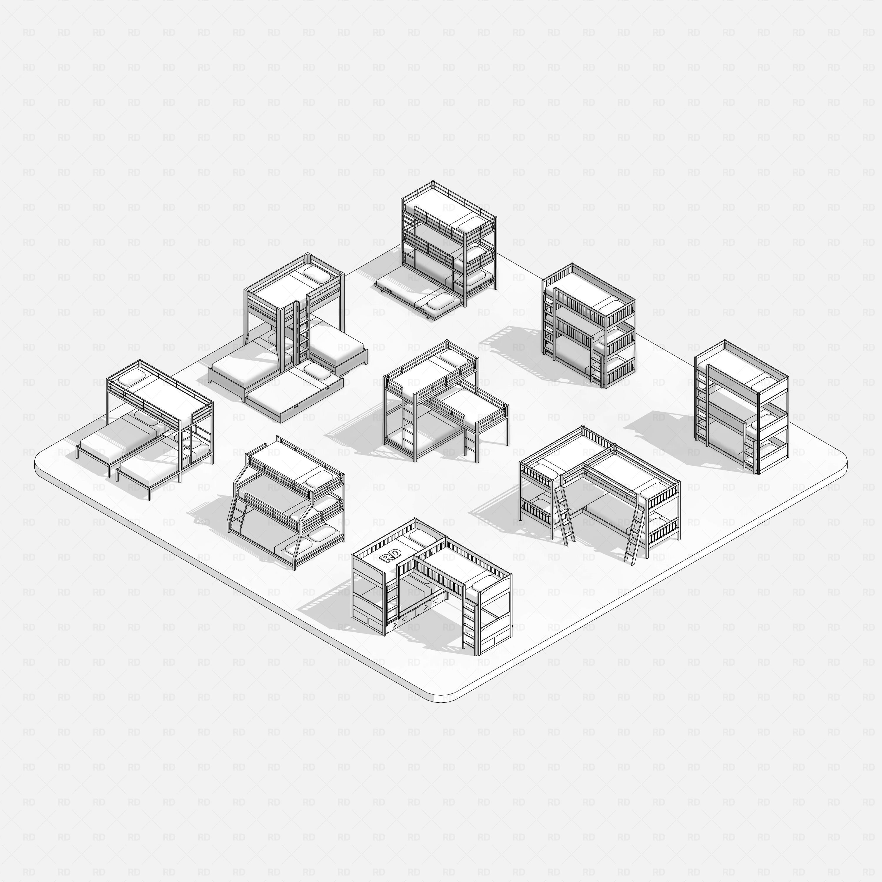 Revit triple bunk bed 01 RD Studio BIM blocks rfa, line drawing overview of all models on white.