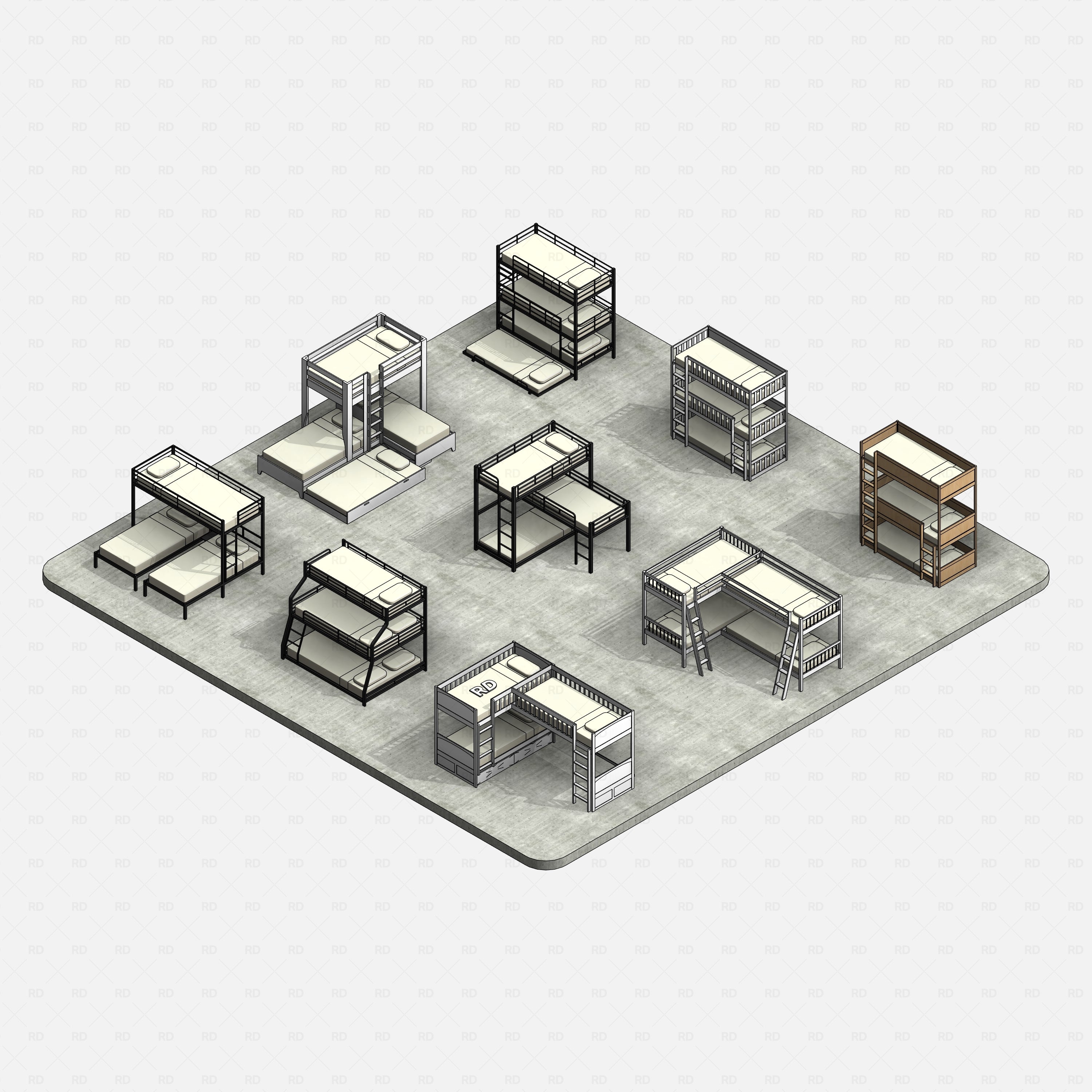 Revit triple bunk bed 01 RD Studio BIM blocks rfa, collection on concrete floor render.