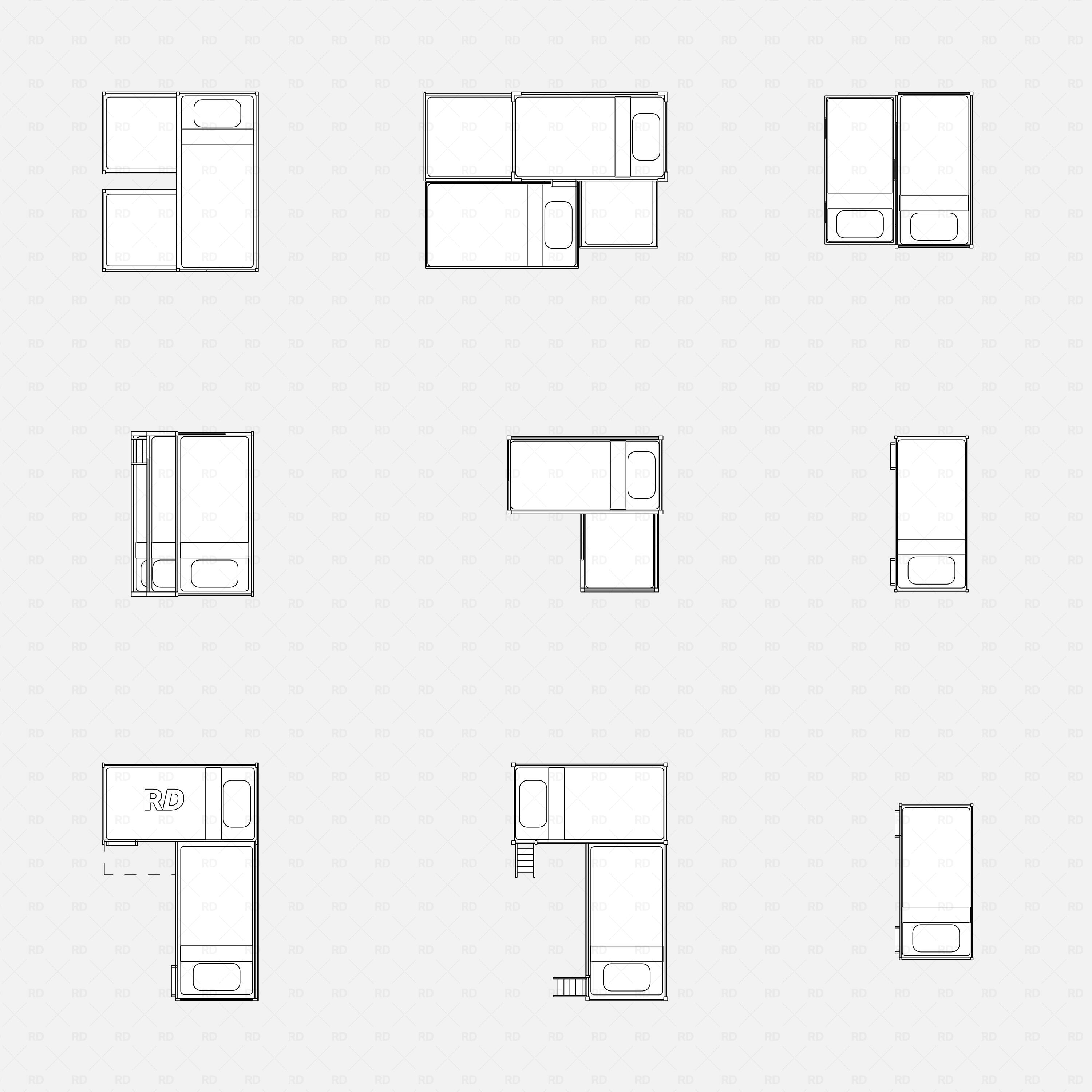 Revit triple bunk bed 01 RD Studio BIM blocks rfa, nine floor plan layouts with ladders and pull-outs.