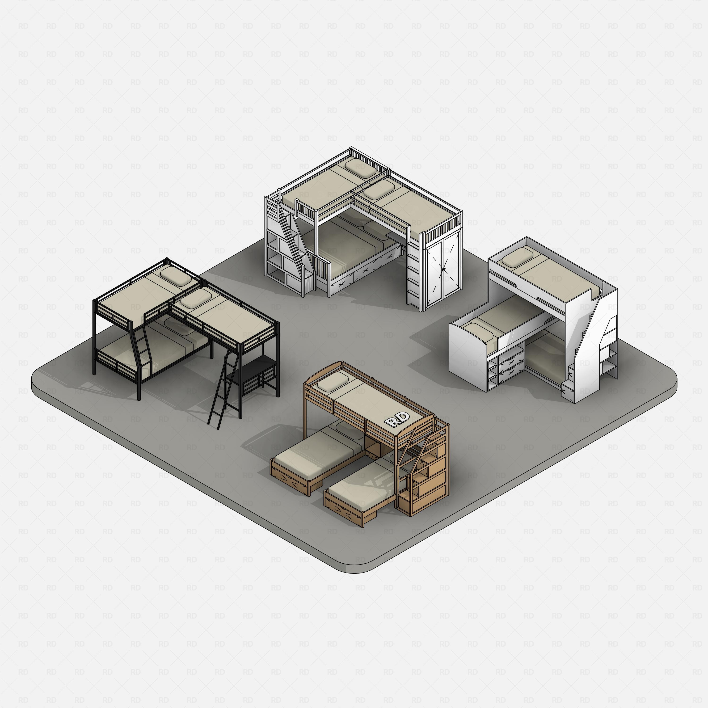 Revit triple bunk bed 02 RD Studio BIM blocks rfa, colored overview of five triple bunk bed variants.