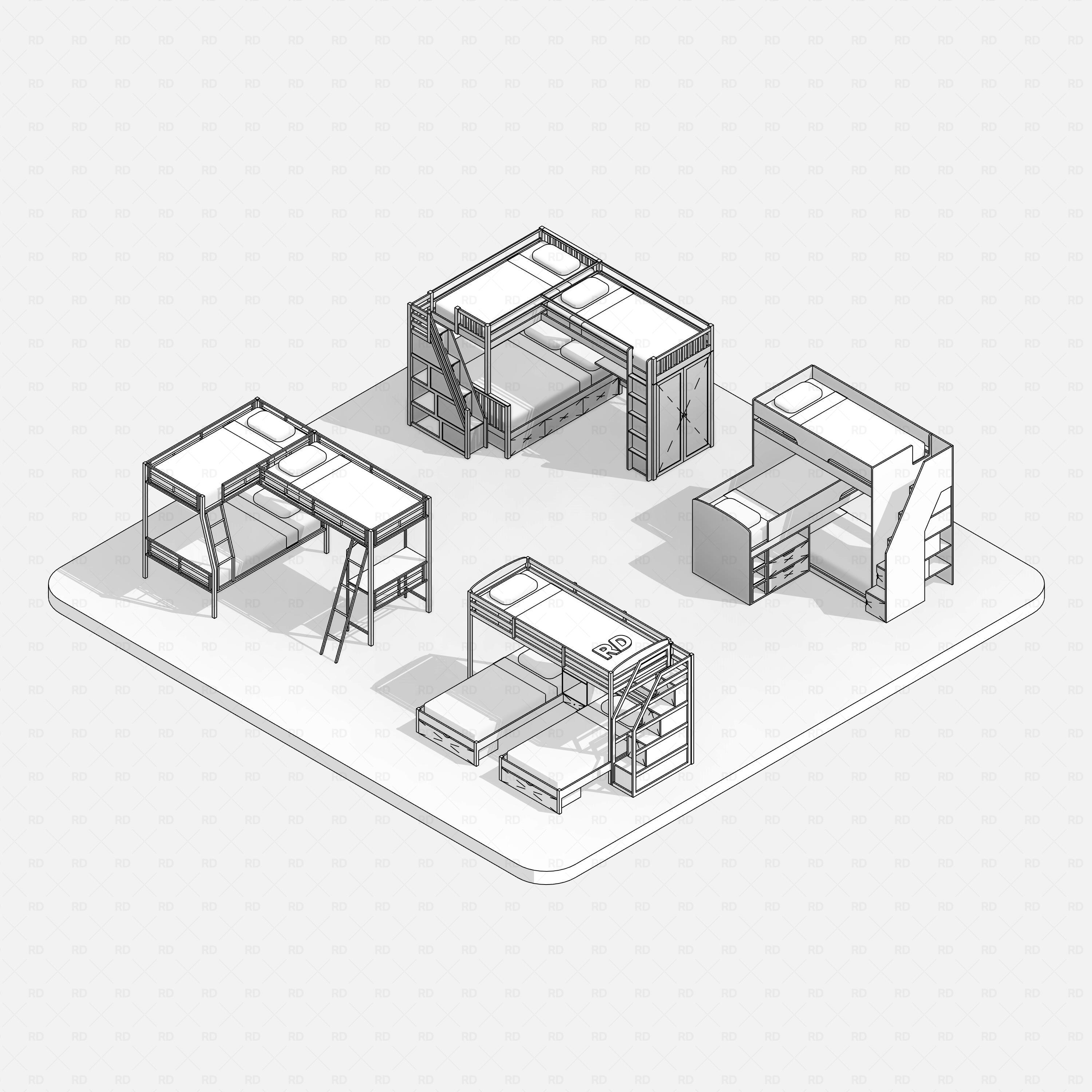 Revit triple bunk bed 02 RD Studio BIM blocks rfa, linework overview of five triple bunk bed variants.