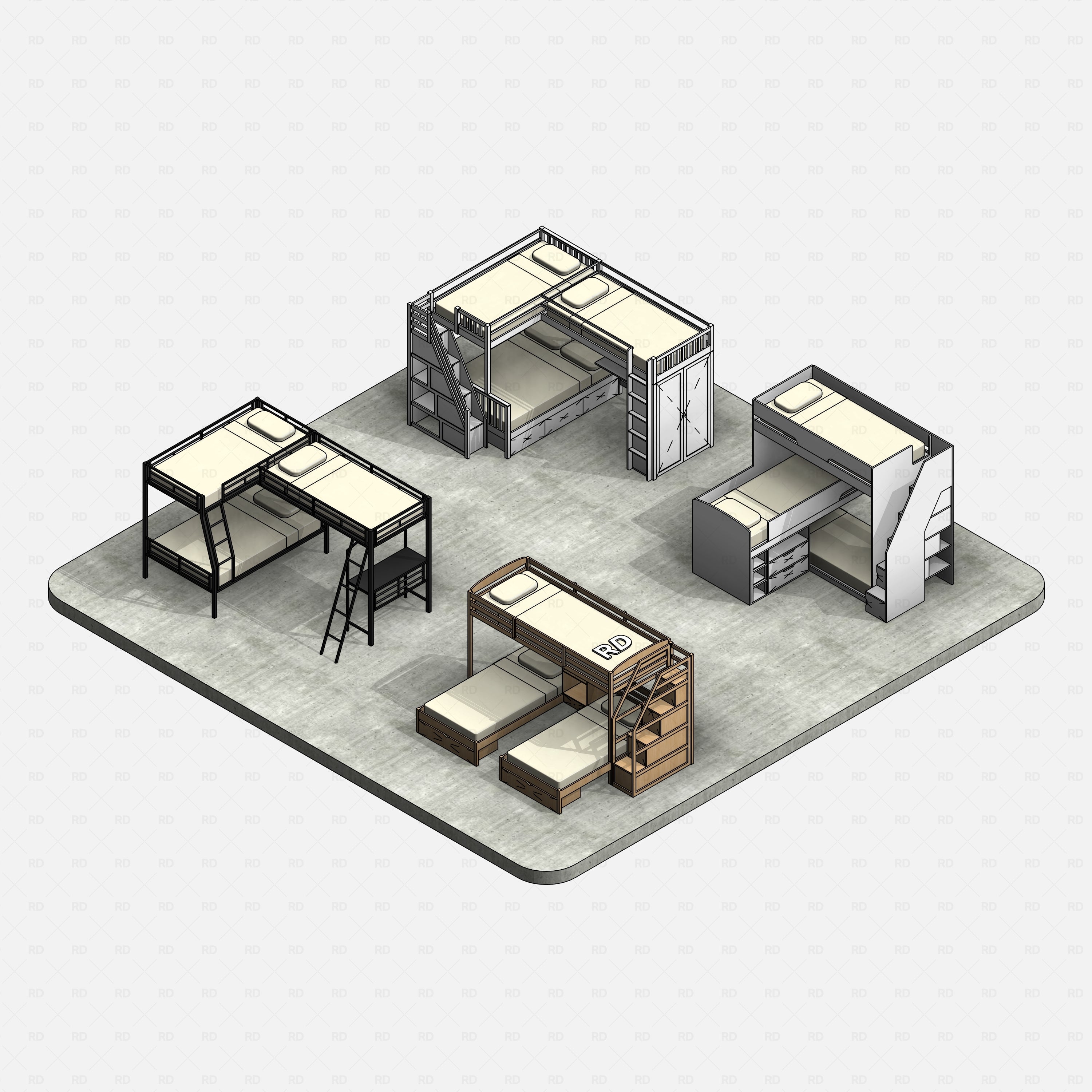 Revit triple bunk bed 02 RD Studio BIM blocks rfa, concrete floor render with five triple bunk designs.