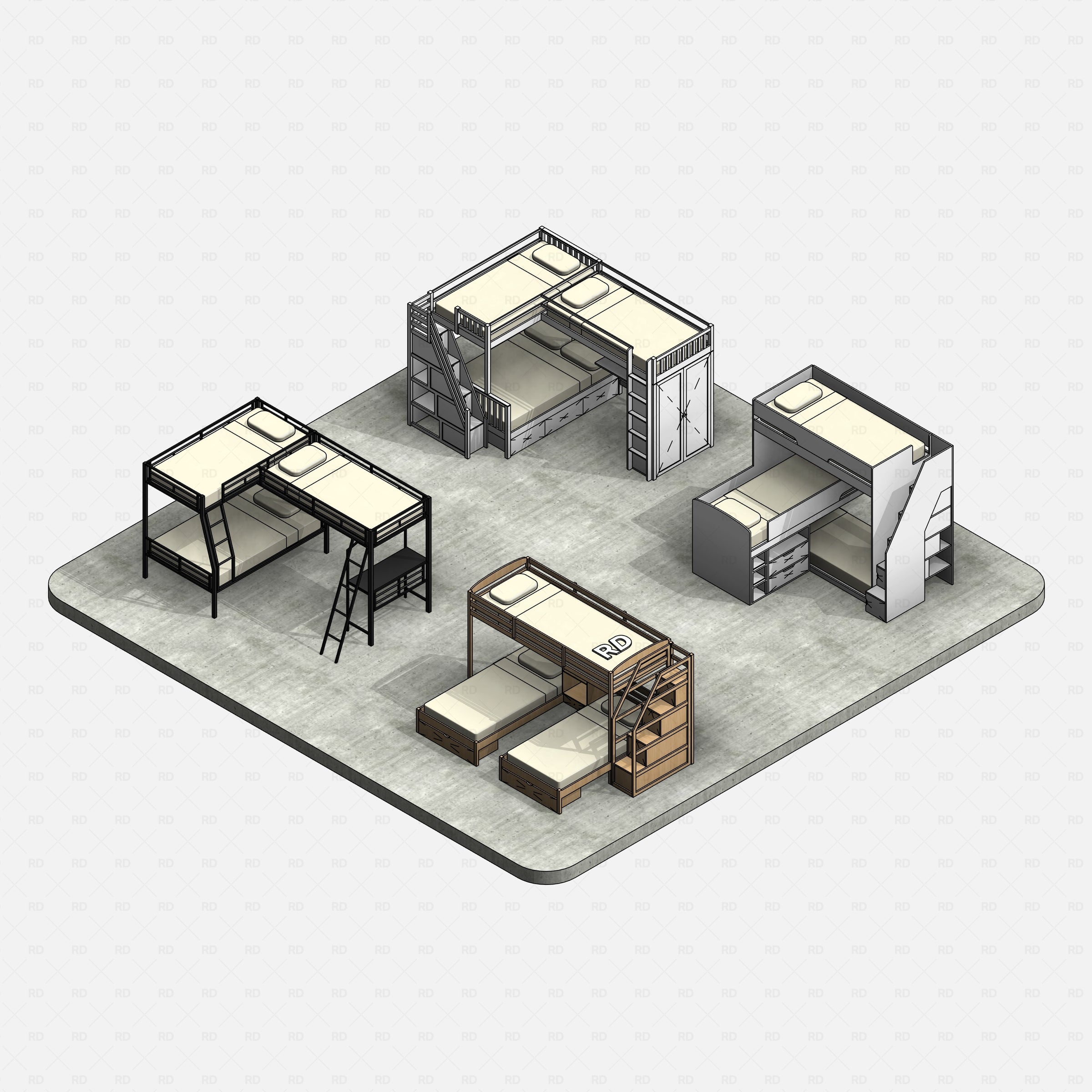 Revit triple bunk bed 02 RD Studio BIM blocks rfa, concrete floor render with five triple bunk designs.