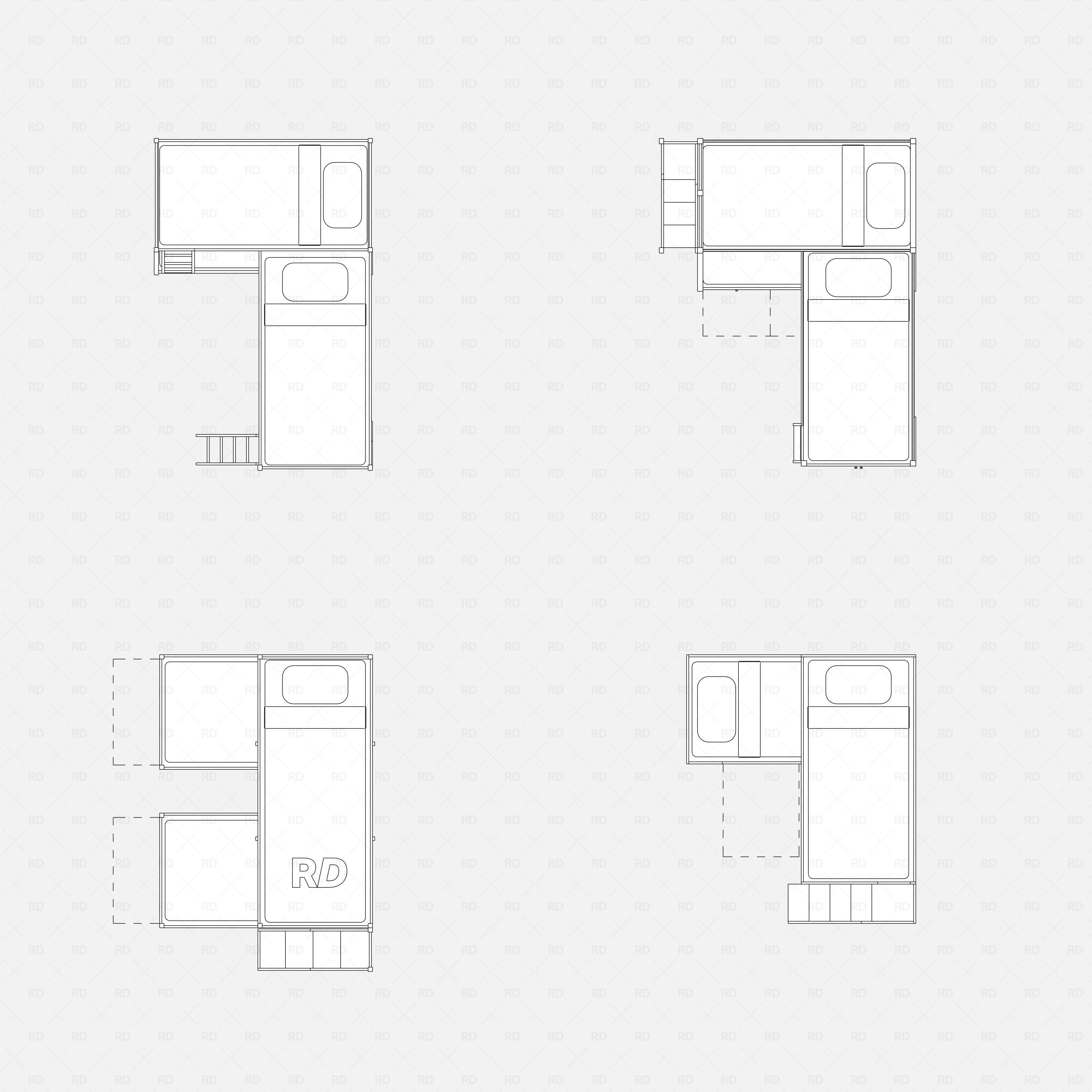 Revit triple bunk bed 02 RD Studio BIM blocks rfa, four floor plan layouts showing bed footprints.