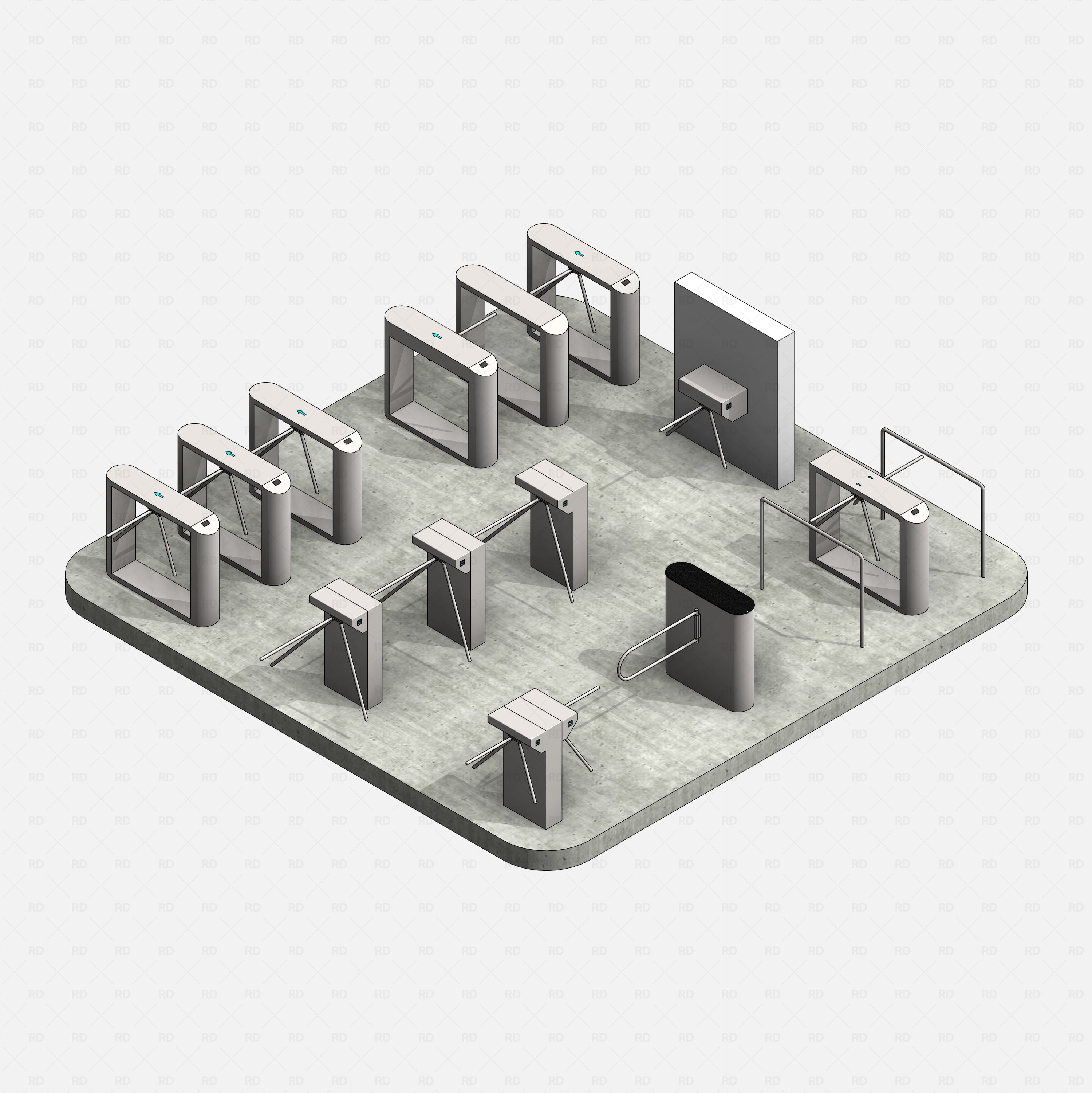 Revit turnstile tripod Pack RD Studio BIM blocks rfa realistic turnstile tripod families in isometric view