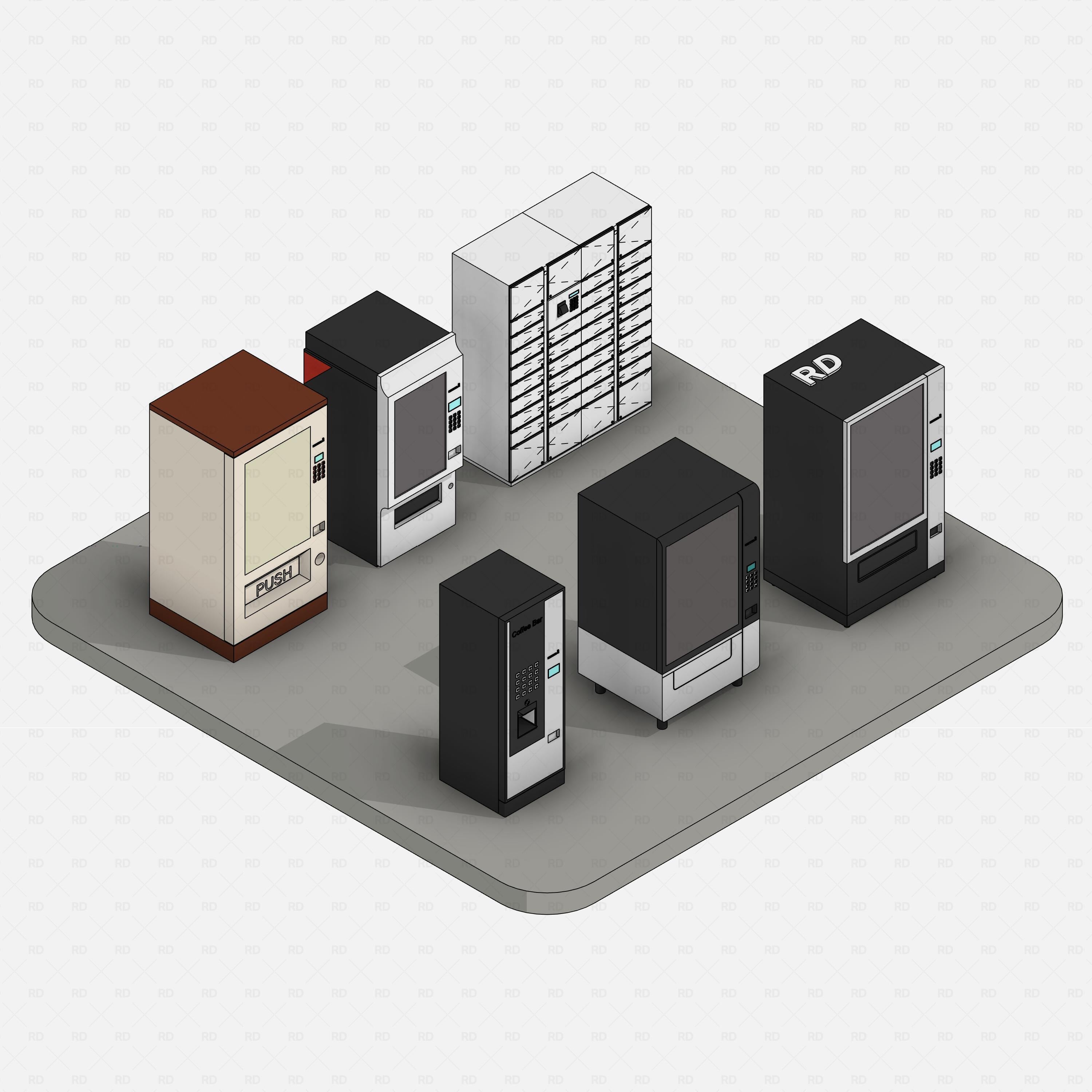 Revit Vending Machines Pack RD Studio BIM blocks rfa snacks, cold drinks, gadgets, coffee, and healthy snacks vending machine