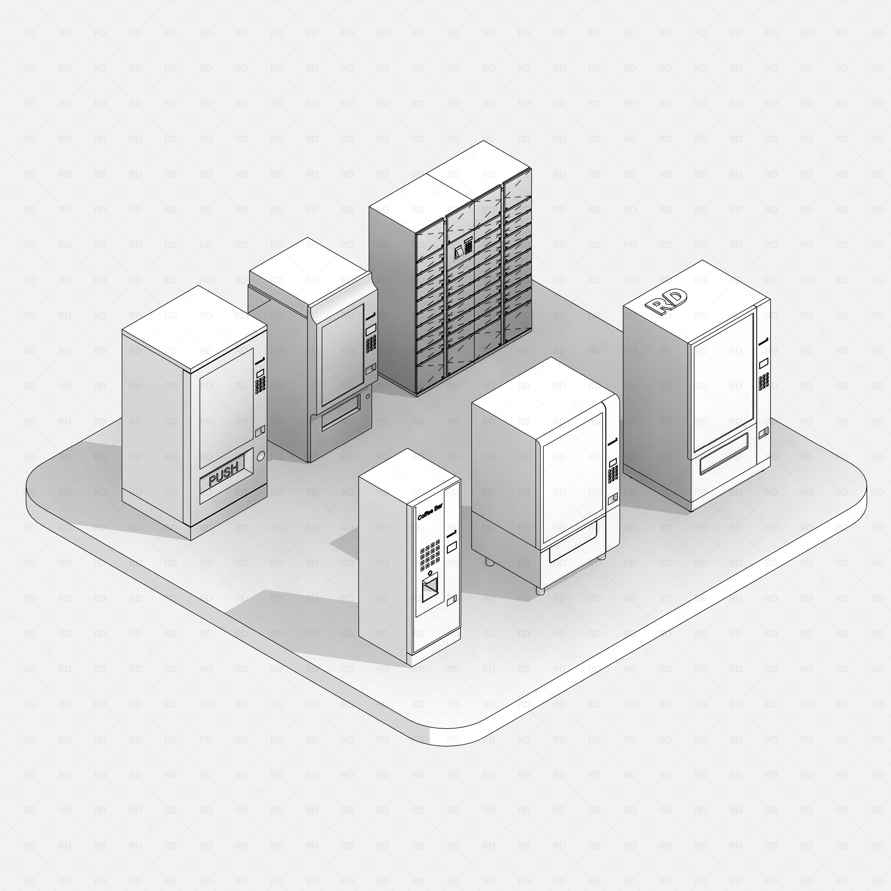 Revit Vending Machines Pack RD Studio BIM blocks rfa snacks, cold drinks, gadgets, coffee, and healthy snacks vending machine