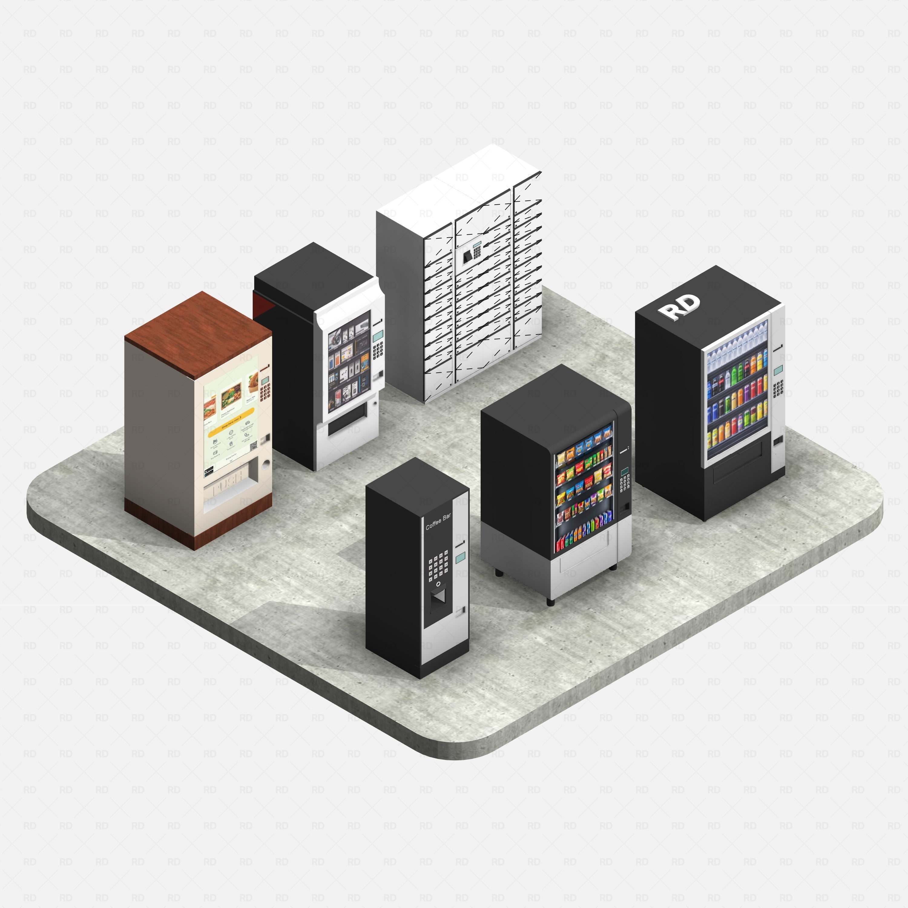 Revit Vending Machines Pack RD Studio BIM blocks rfa snacks, cold drinks, gadgets, coffee, and healthy snacks vending machine