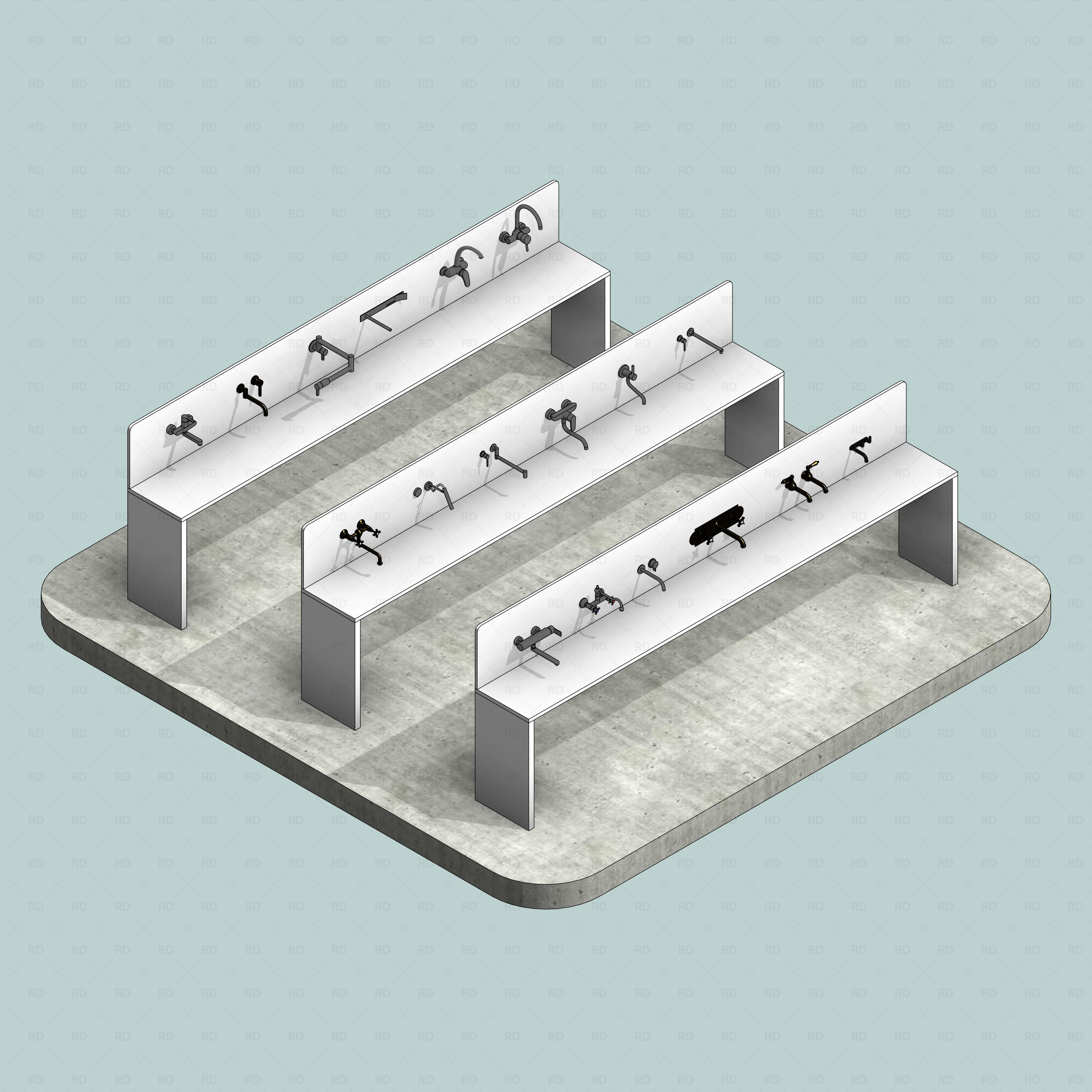 revit wall-mounted taps RD Studio BIM blocks rfa, transparent-background isometric of all wall taps