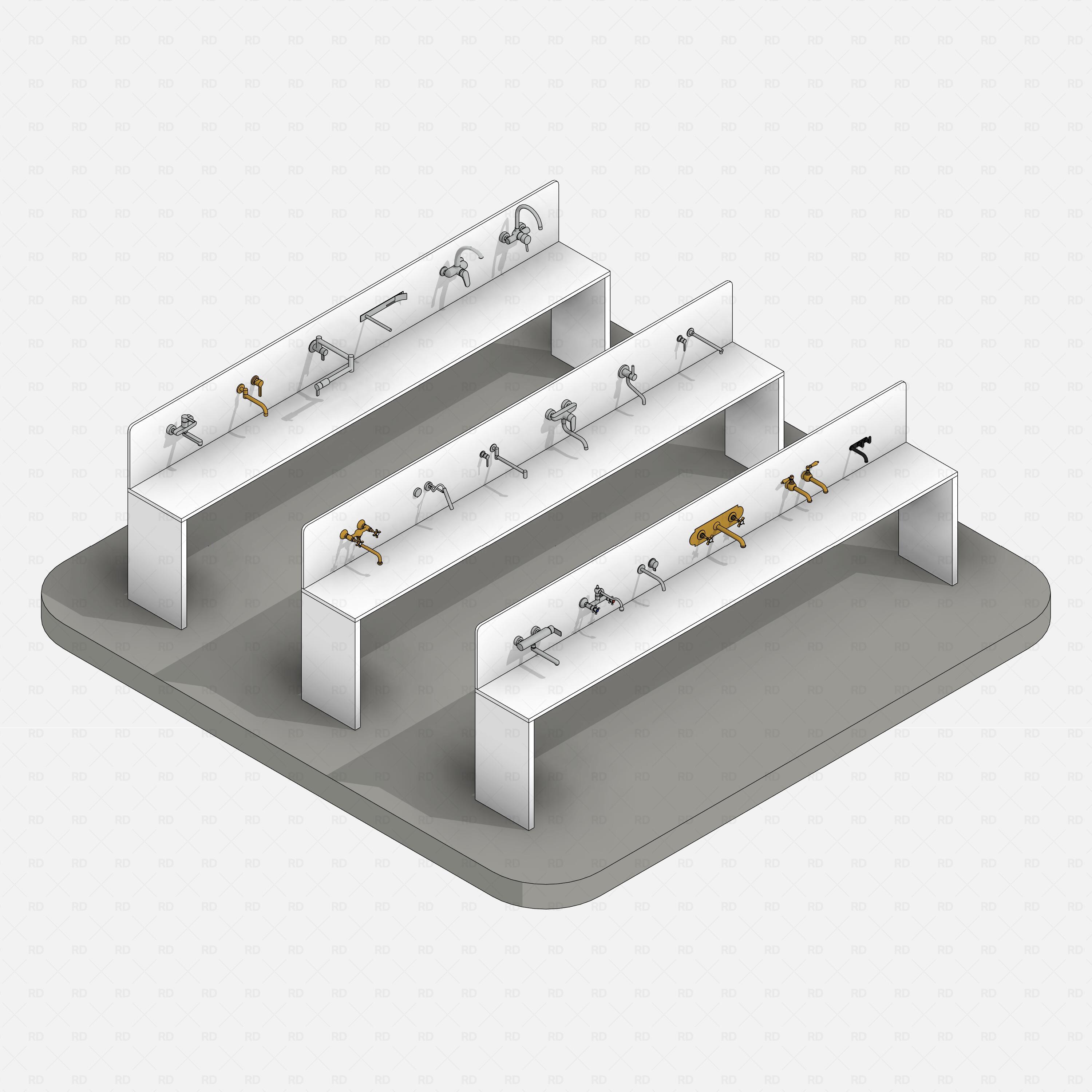 revit wall-mounted taps RD Studio BIM blocks rfa, full pack display with consistent metal finishes on showroom stands