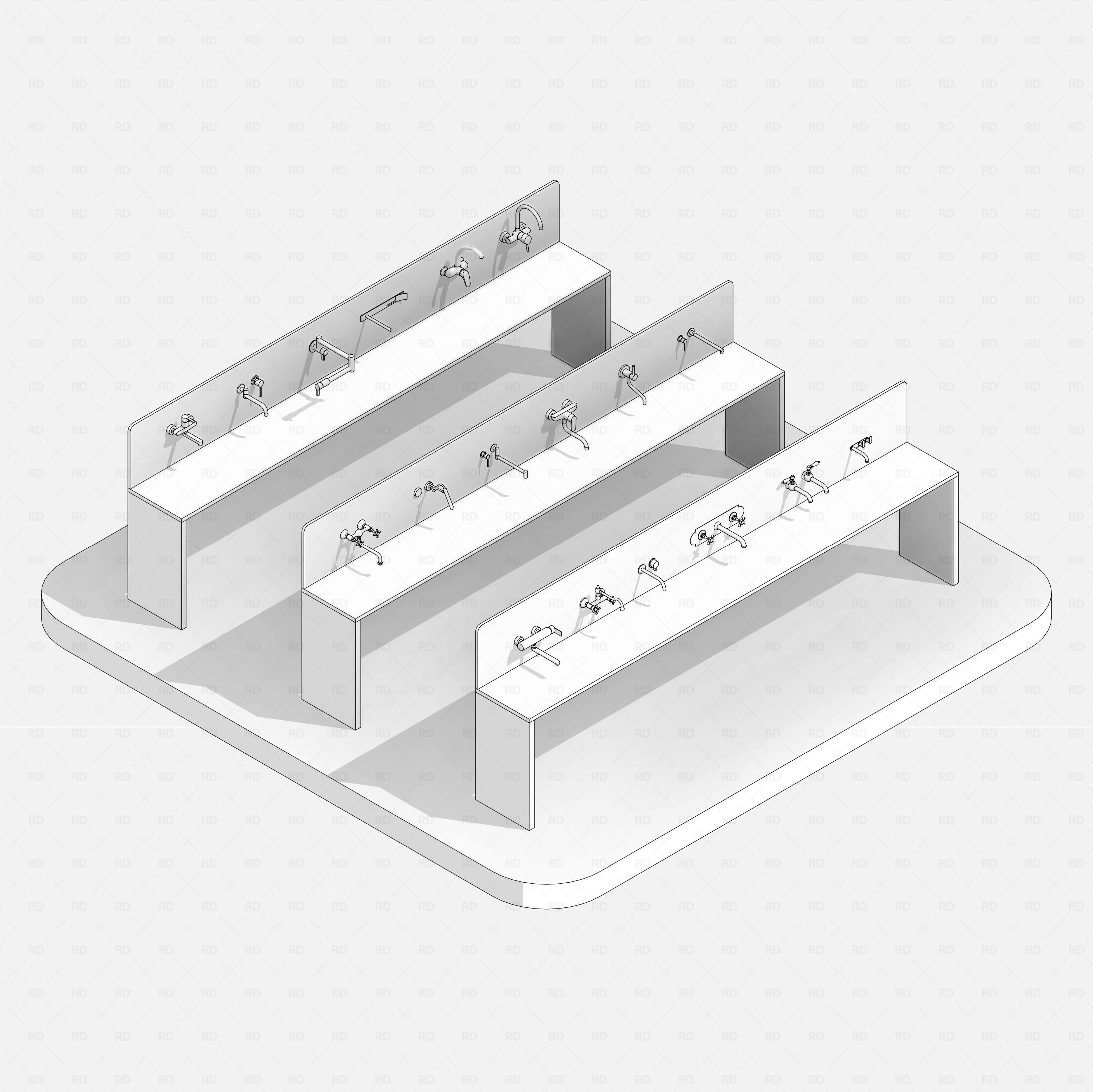 revit wall-mounted taps RD Studio BIM blocks rfa, high-line drawing view of all wall tap types on stands