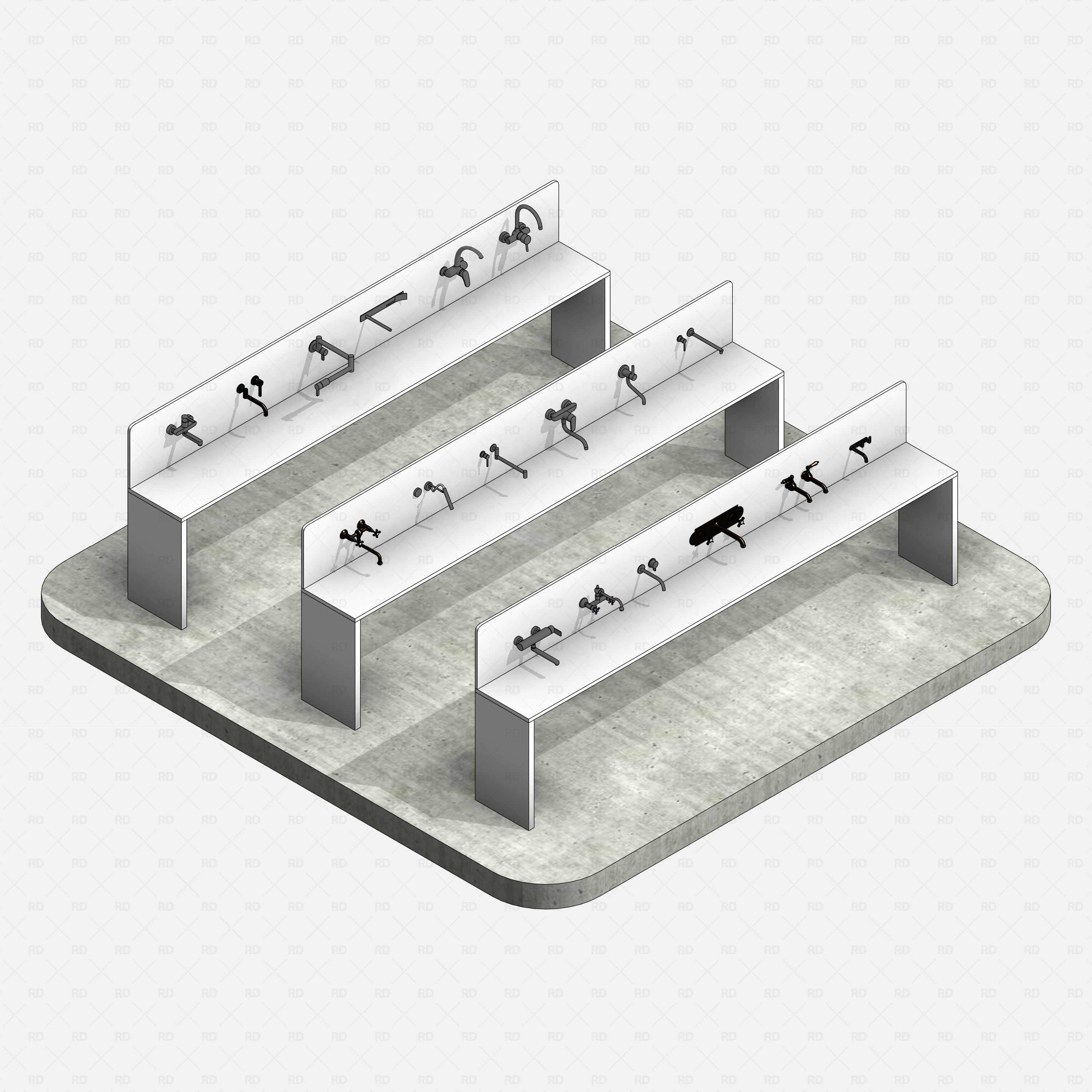 revit wall-mounted taps RD Studio BIM blocks rfa, concrete background render of the complete wall tap collection