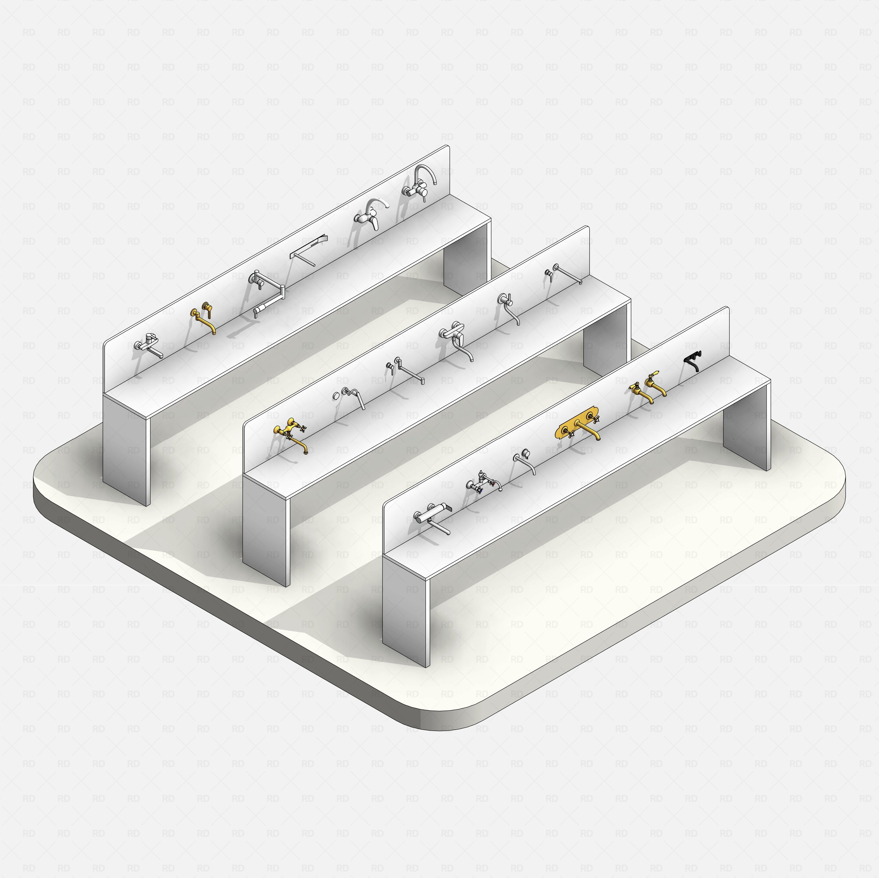 revit wall-mounted taps RD Studio BIM blocks rfa, bright studio render of taps arranged on three display shelves