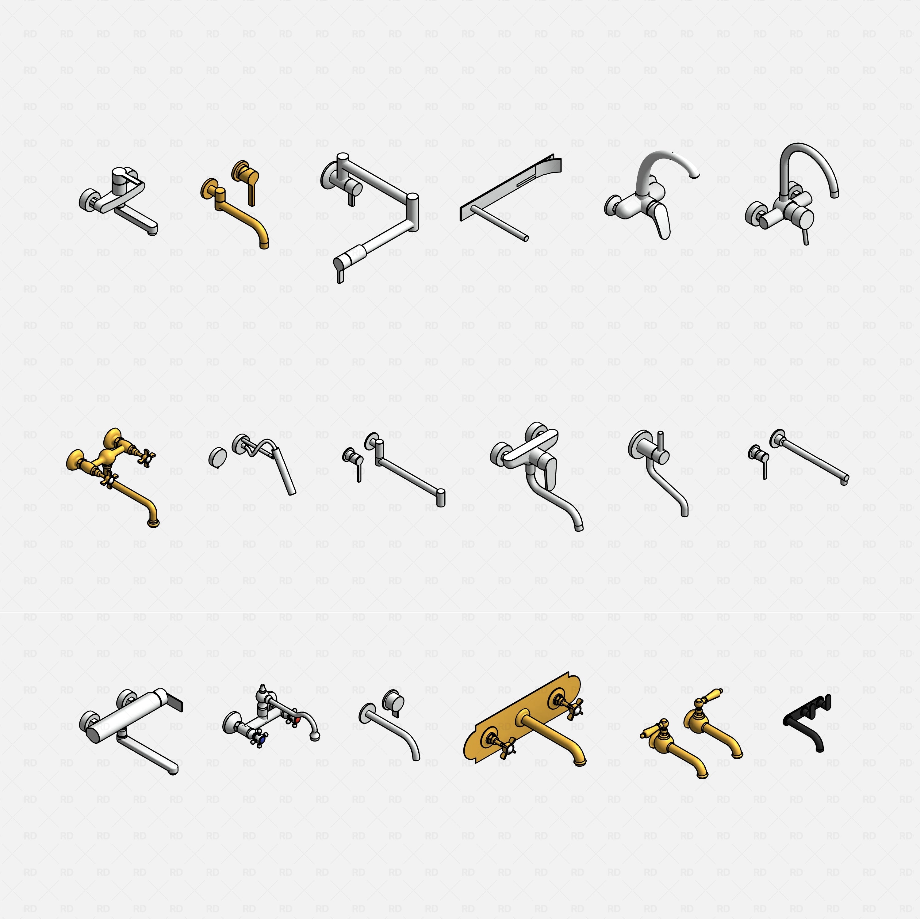 revit wall-mounted taps RD Studio BIM blocks rfa, grid of individual wall tap types and spouts