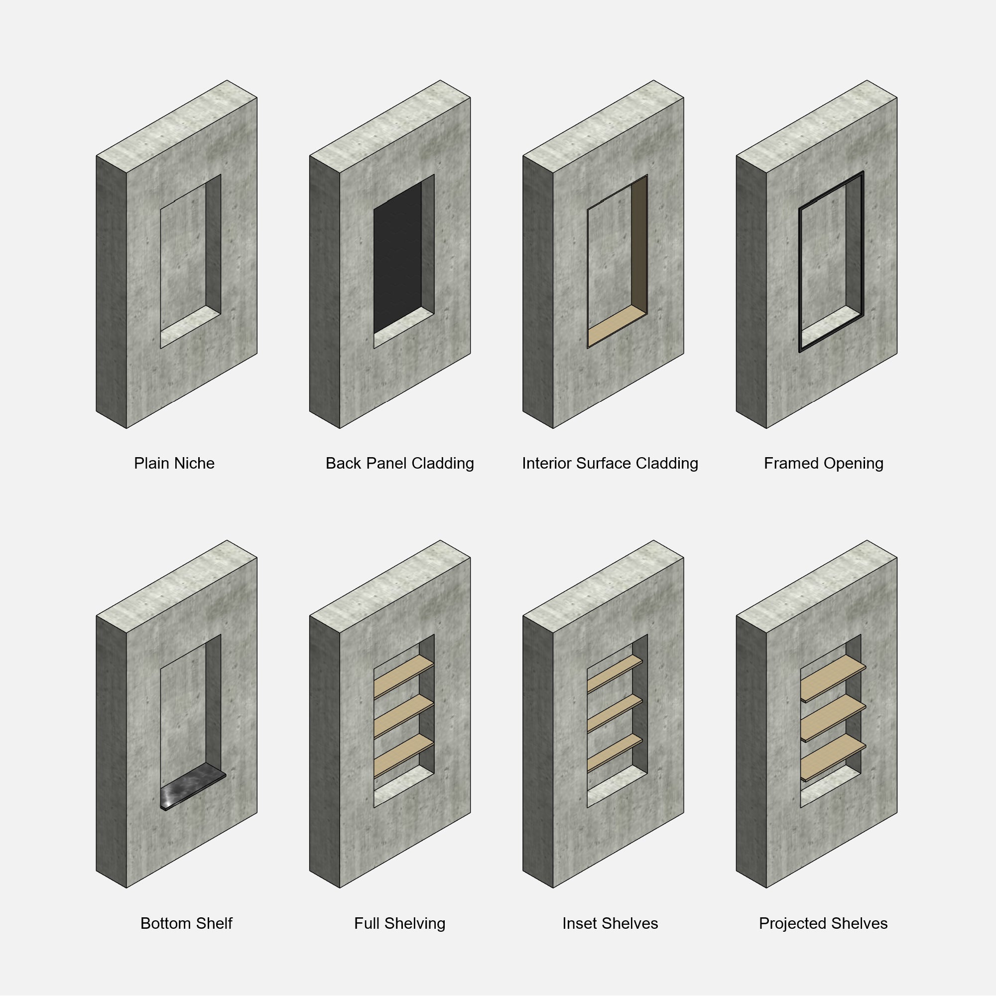 Revit Wall Niche family download bim object blocks arched organic rectangular circular shelves 