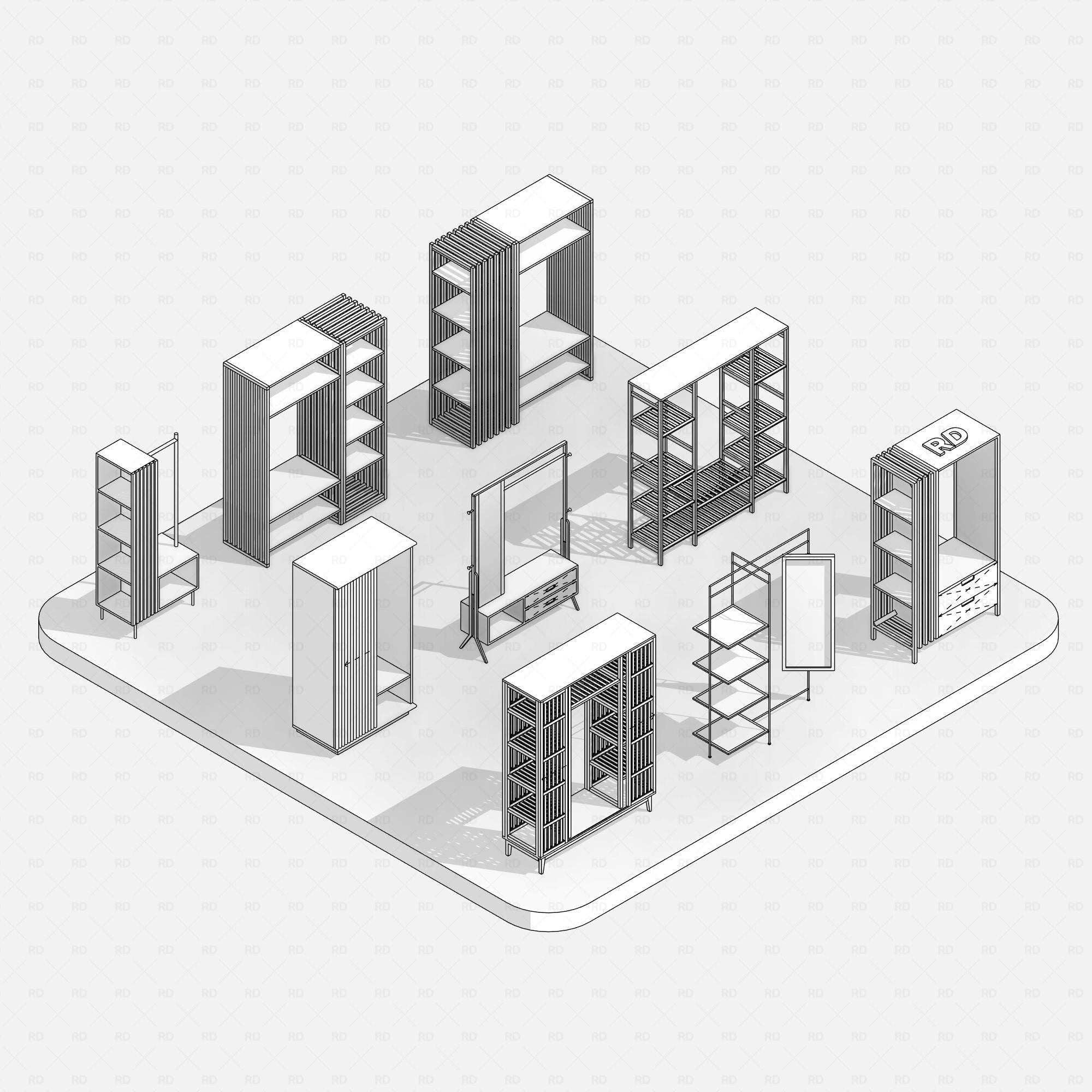 Revit wardrobe family with parametric mirror and shelf controls – ideal for dressing rooms, fitting areas, and walk-in closets.