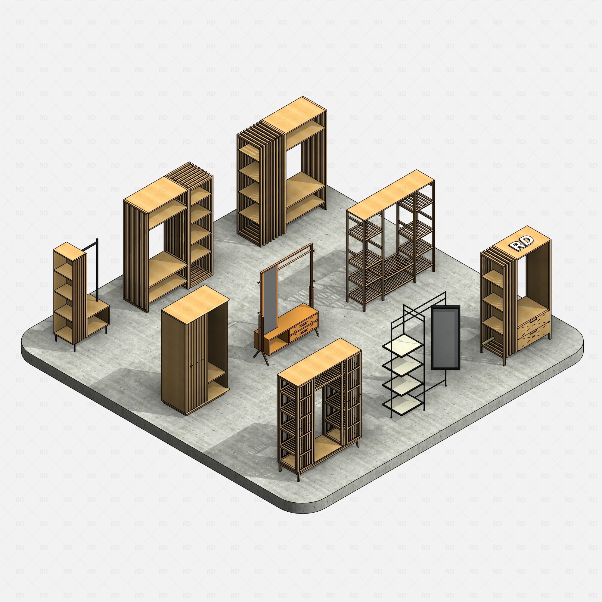 Revit wardrobe family with parametric mirror and shelf controls – ideal for dressing rooms, fitting areas, and walk-in closets.