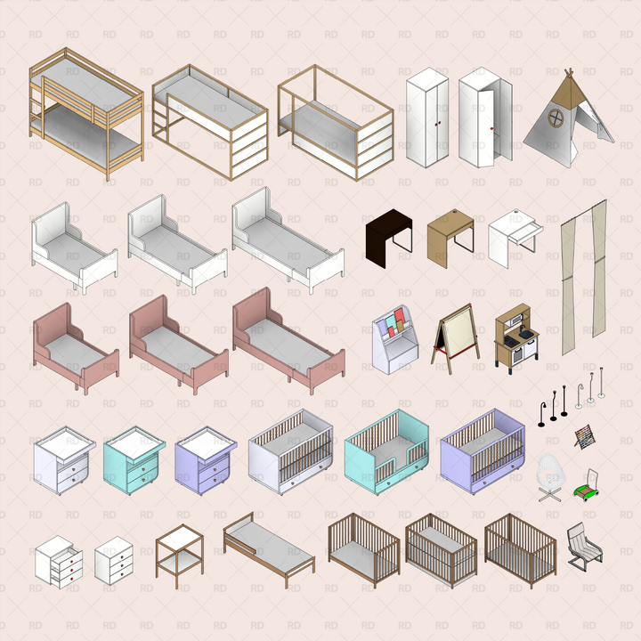Kids room and nursery popular furniture Families for Revit | RD Studio