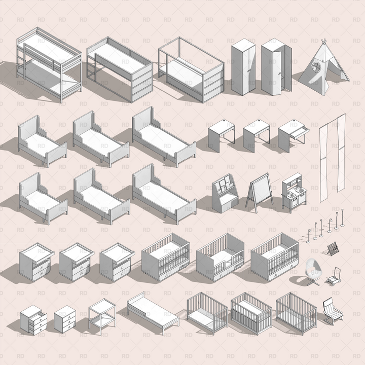 Kids room and nursery popular furniture Families for Revit | RD Studio