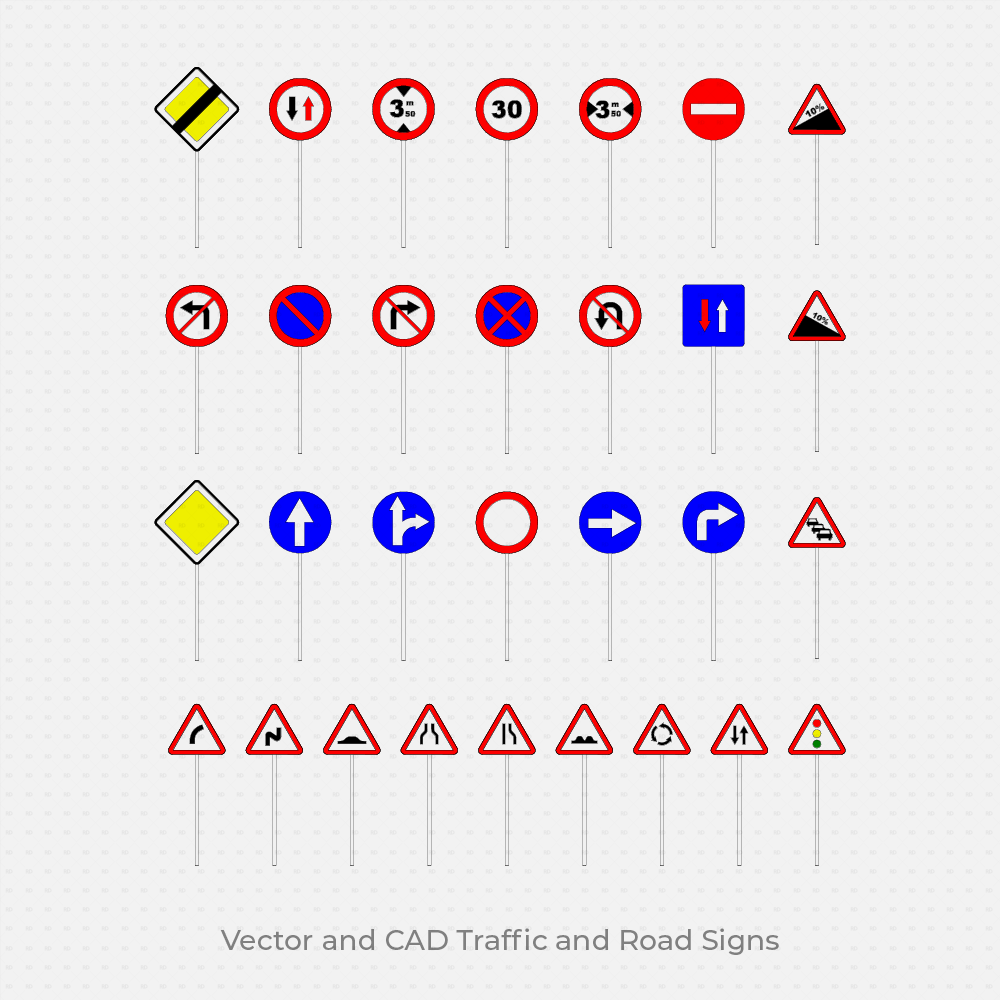 CAD Blocks & Vector Road and Traffic Signs (60 Figures) | Download DWG ...
